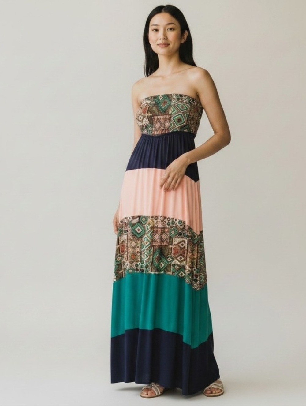 Boho Strapless Colorblock Maxi Dress